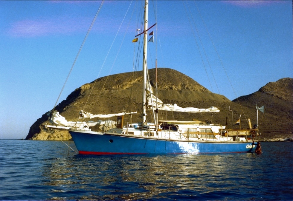 Chricanto at anchor in a Mediterranean bay.