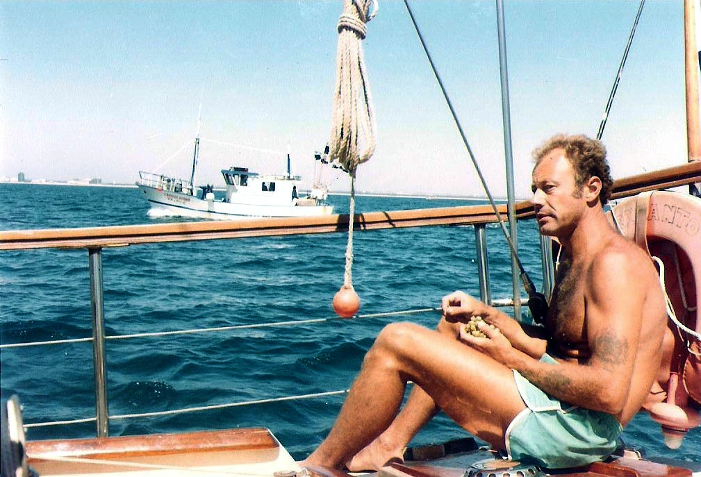 Aboard Chricanto with grapes on the Portuguese coast.