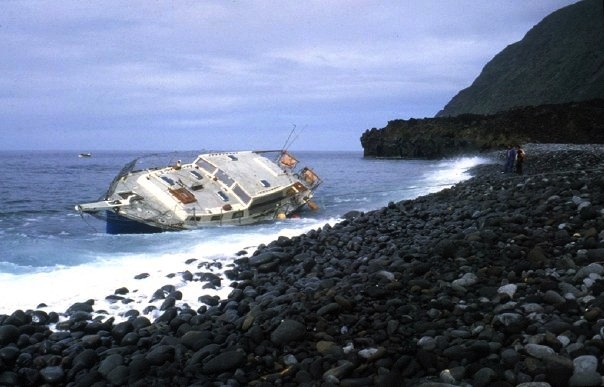Chricanto broken on the rocky shore east of Boatharbour, Tristan.
